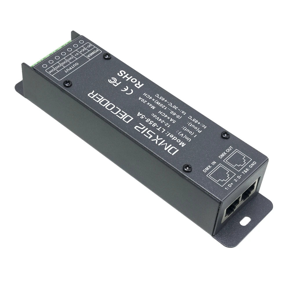 LT-858-5A DMX декодер 4CH CV RGBW полосы использования; DC12-24V в 5A* 4CH Max 20A RJ45 выход 0- яркость различные изменения