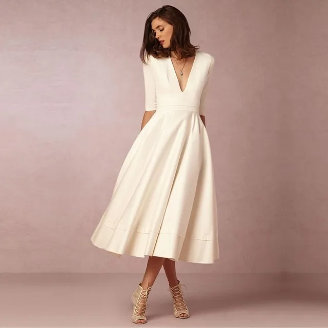 Beige V Neck Evening Dresses Half Sleeve Tea Length Latest Gown Design 2016 Formal Prom Dress Beige V Neck Evening Dresses Half Sleeve Tea Length Latest Gown Design 2016 Formal Prom Dress