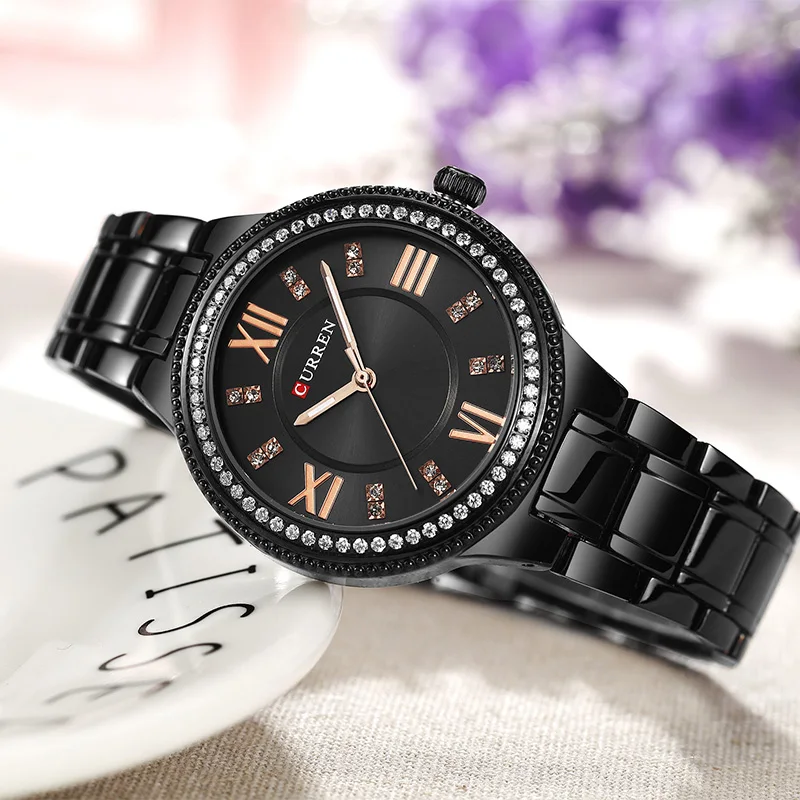 

CURREN New Design Women Watches Fashion Black Round Dial Stainless Steel Band Quartz Wrist Watch Women Gifts relogios feminino