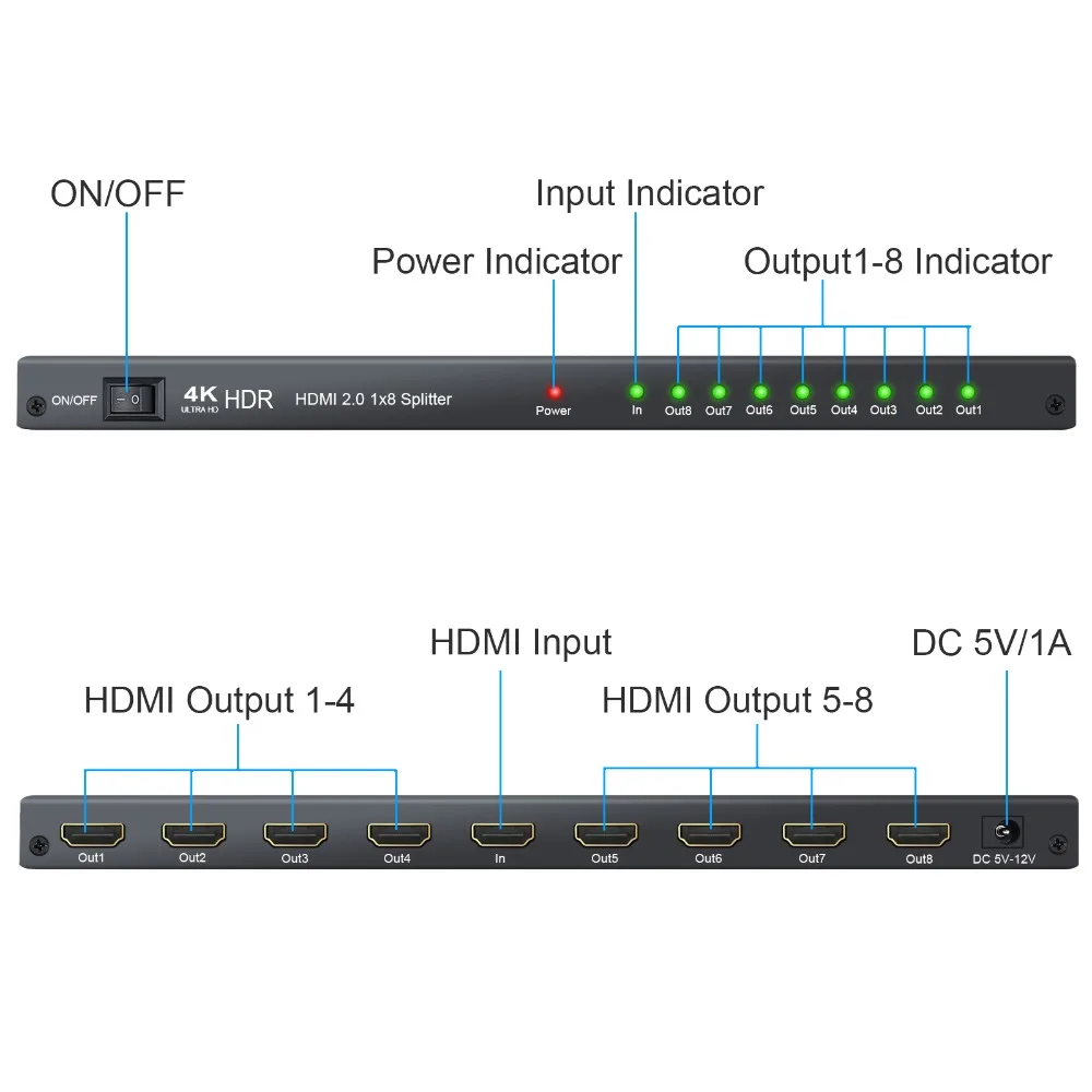 Proster HDMI 2.0 Splitter 8 Way HDMI Splitter Support 4K HDR 1 in 8 out HDMI Distribution Amplifier for Xbox One X PS4 Pro Sky