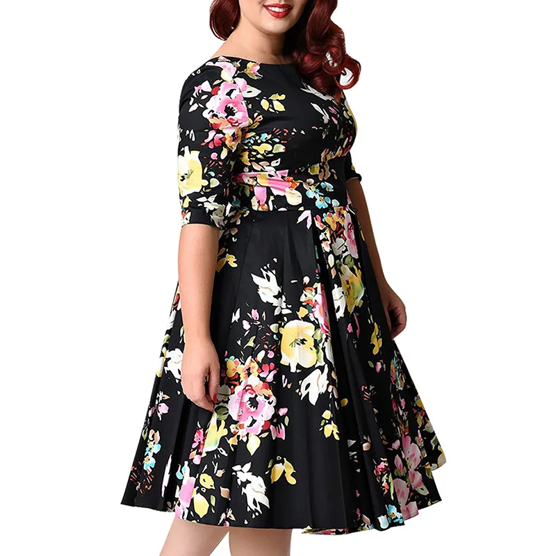 Женское летнее платье с О-образным вырезом средней длины с рукавом, платье трапециевидной формы размера плюс, элегантные вечерние платья 2XL-7XL, цветочные платья, сарафан