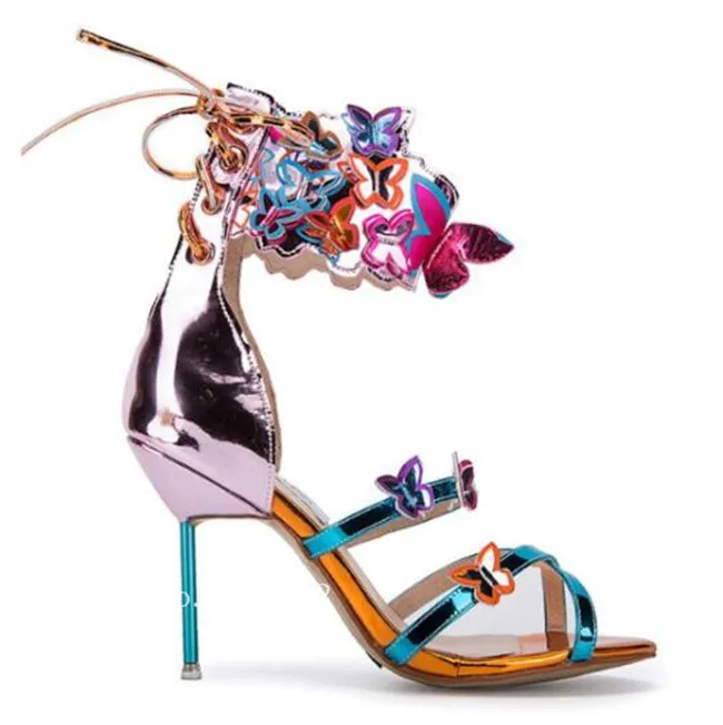 Fashion Colorful Butterfly Ankle Strap Sandals Appliques Metallic Leather Turquoise Strappy High Heel Shoes Lace Up Woman Sandal