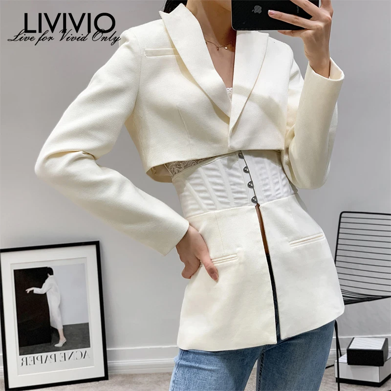 

[LIVIVIO] Streetwear Black White Notched Collar Blazer Women Long Sleeve Two Piece Sets Coat 2019 Autumn Female Fashion Clothes