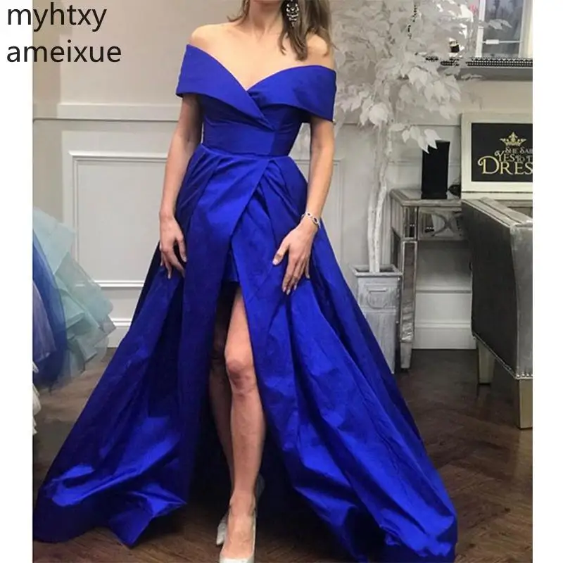 

2019 Blue Gown Plus Size Evening Gowns Sexy Fashionable Royal Formal Prom Dresses Custom Made Front Split A-line Taffeta Vestido