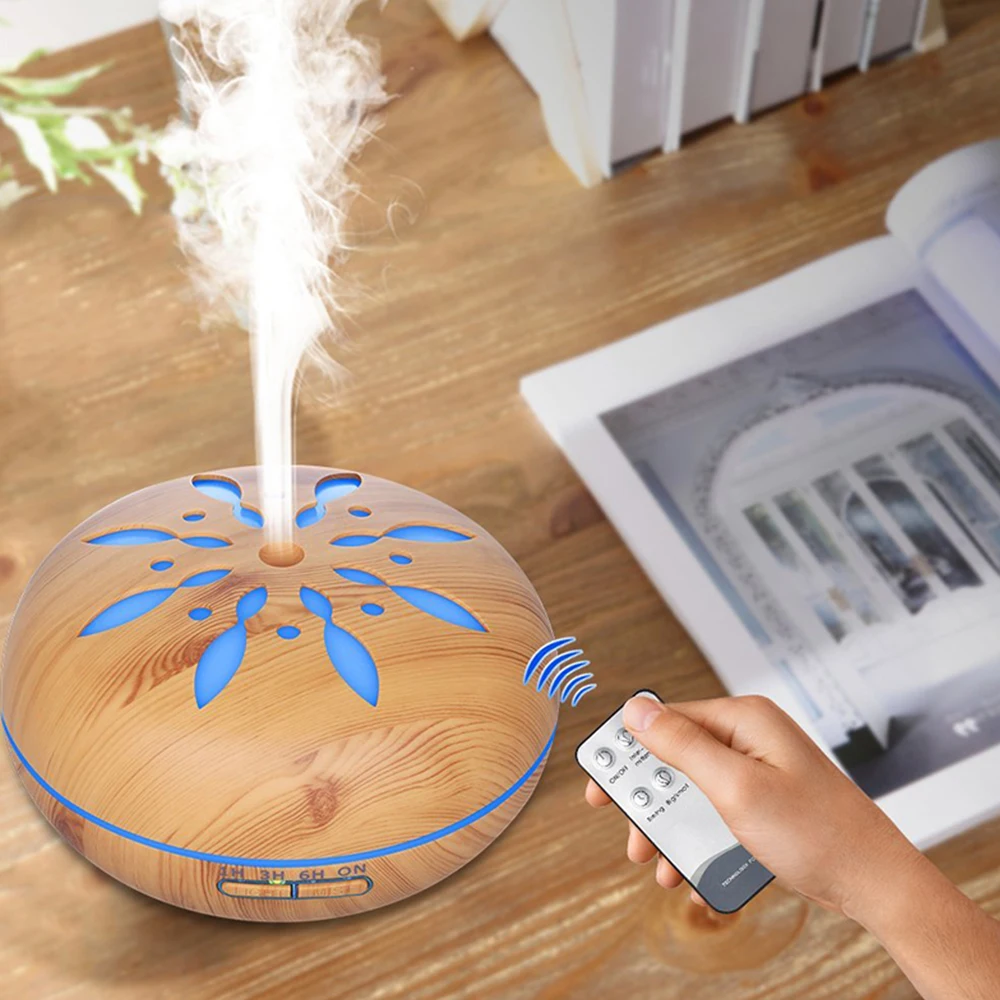 

550ML Ultrasonic Air Humidifier Aroma Essential Oil Diffuser With Remote Control Wood Grain 7 Changing Color LED Lamp For Home