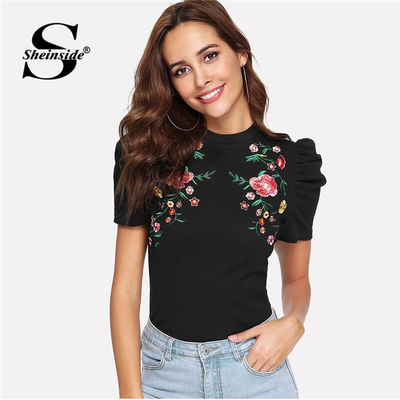 Download Sheinside Elegant Embroidered Puff Sleeve Mock Tee Women ...