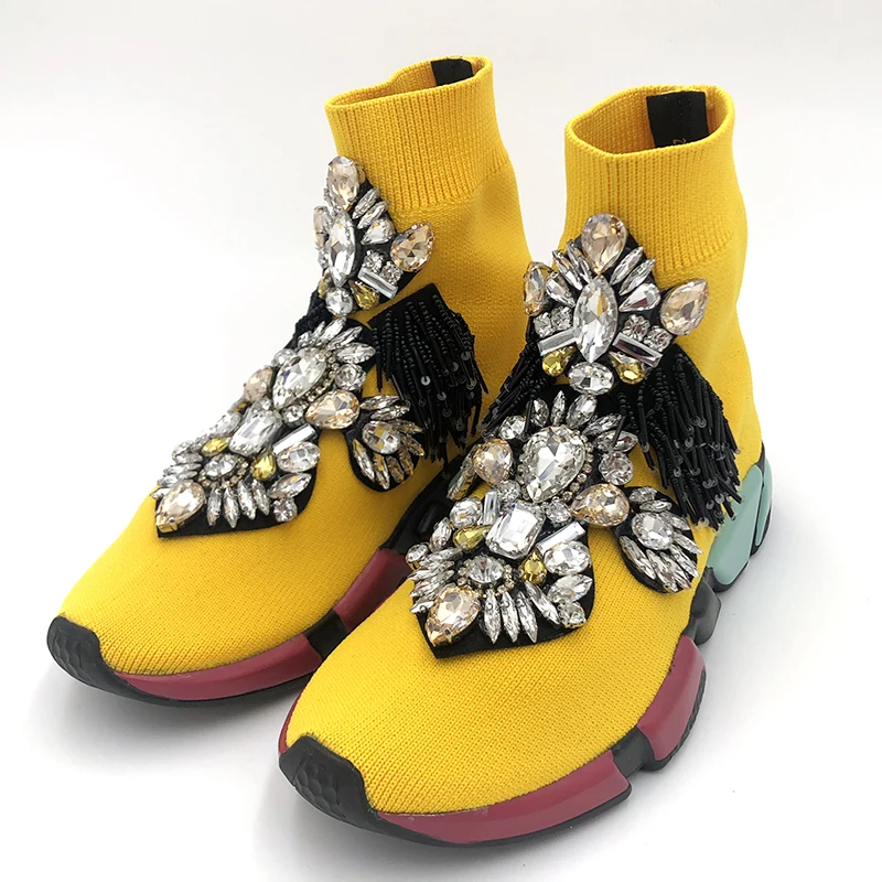 Стразы обувь Кроссовки Женская обувь с украшением в виде кристаллов драгоценных камней ботильоны желтый Женские туфли-лодочки кроссовки Для женщин кроссовки WK95