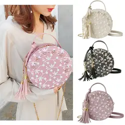Цветок вышивка сумка через плечо круглый мешок маленькую сумочку для Для женщин плечо вечерняя сумочка; BS010 кисточкой молнии сумки