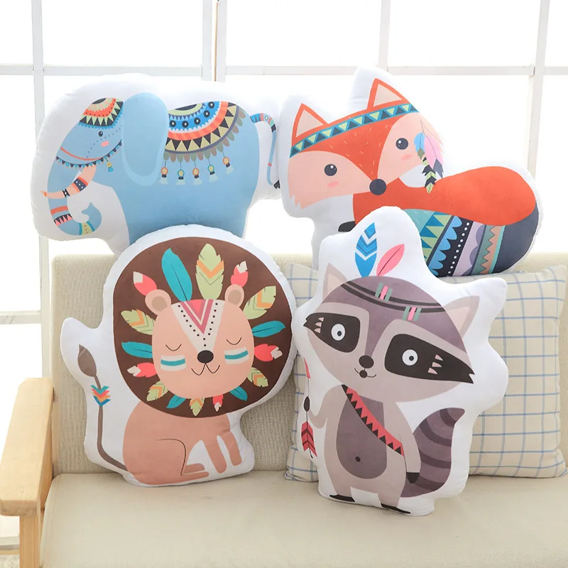 

Animals Lion Elephant Fox Raccoon Stuffed Cushion Nordic Kids Room Kindergarten Home Decor Dolls Plush Artwork Toys Photo Props