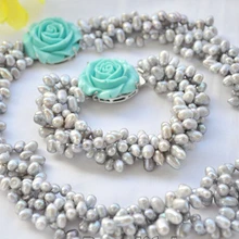 Стиль Природный благородный jewelryZ6947 4 Strds серый райс пресной воды перл синий цветок ожерелье и браслет(C0322