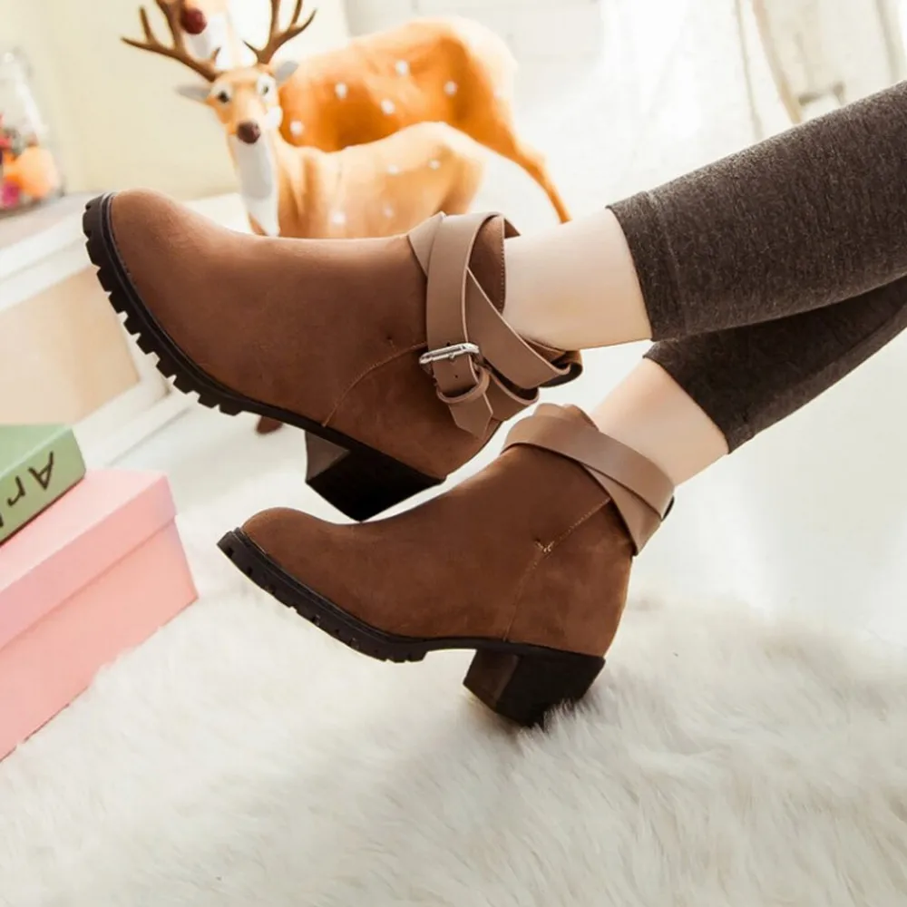 Boots Fashion Women's Short Ankle Boots Buckle- Strap Middle Heel Winter Roman Shoes Outdoor PU Leather Winter Female Shoes Sep#