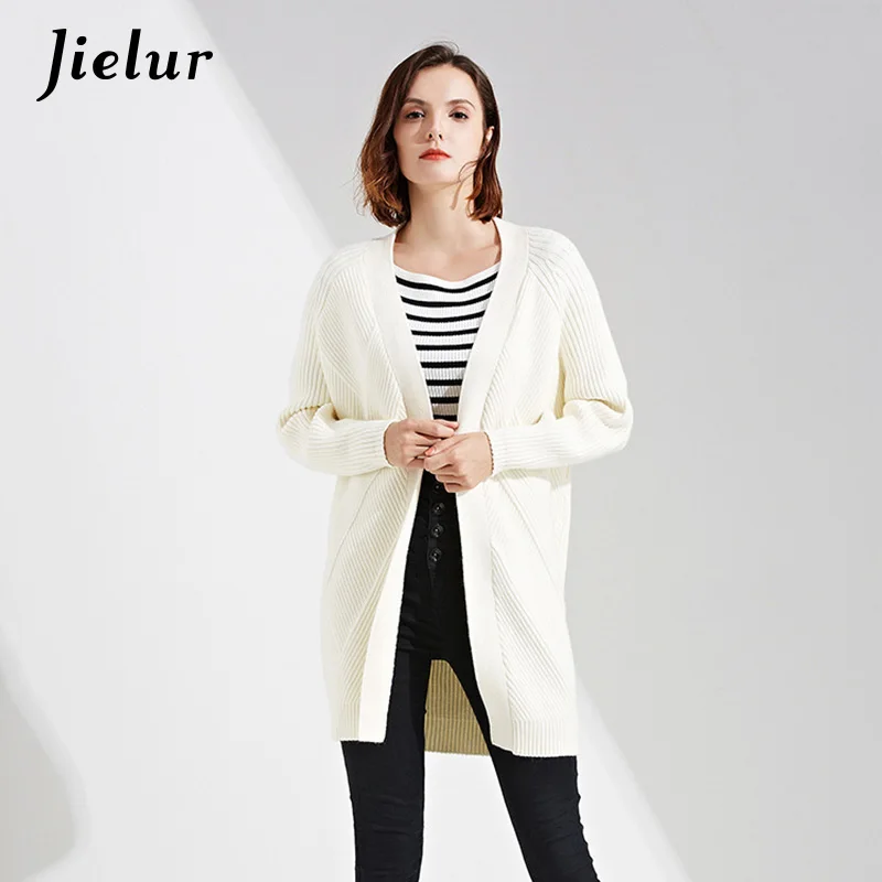 

Jielur Europe Elegant Lady's Sweater Loose Solid Color V-neck Long Cardigan 2019 Winter High Quality Leisure Cardigans for Women