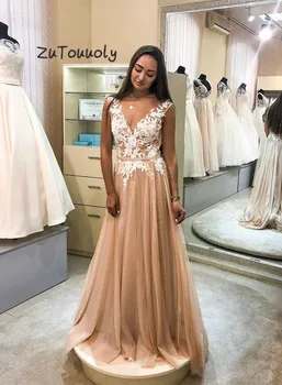 

Evening Dress Champagne V Neck Appliques Evening Dresses V Neck A Line Tulle Formal Prom Party Dresses For Women Chic Chic 2019