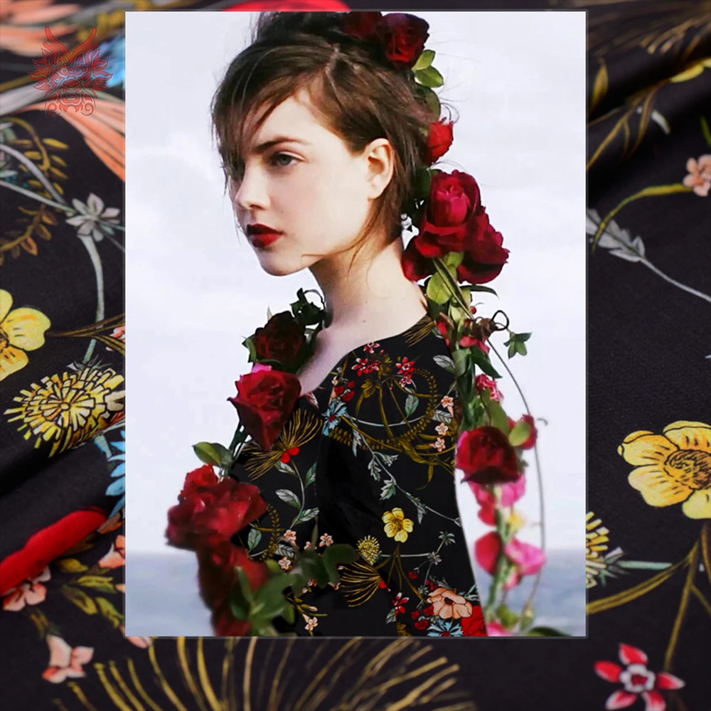 

Black with floral print 100% natural silk chiffon fabric for dress telas de chiffon tissu stoffen telas de seda 6mm SP4597