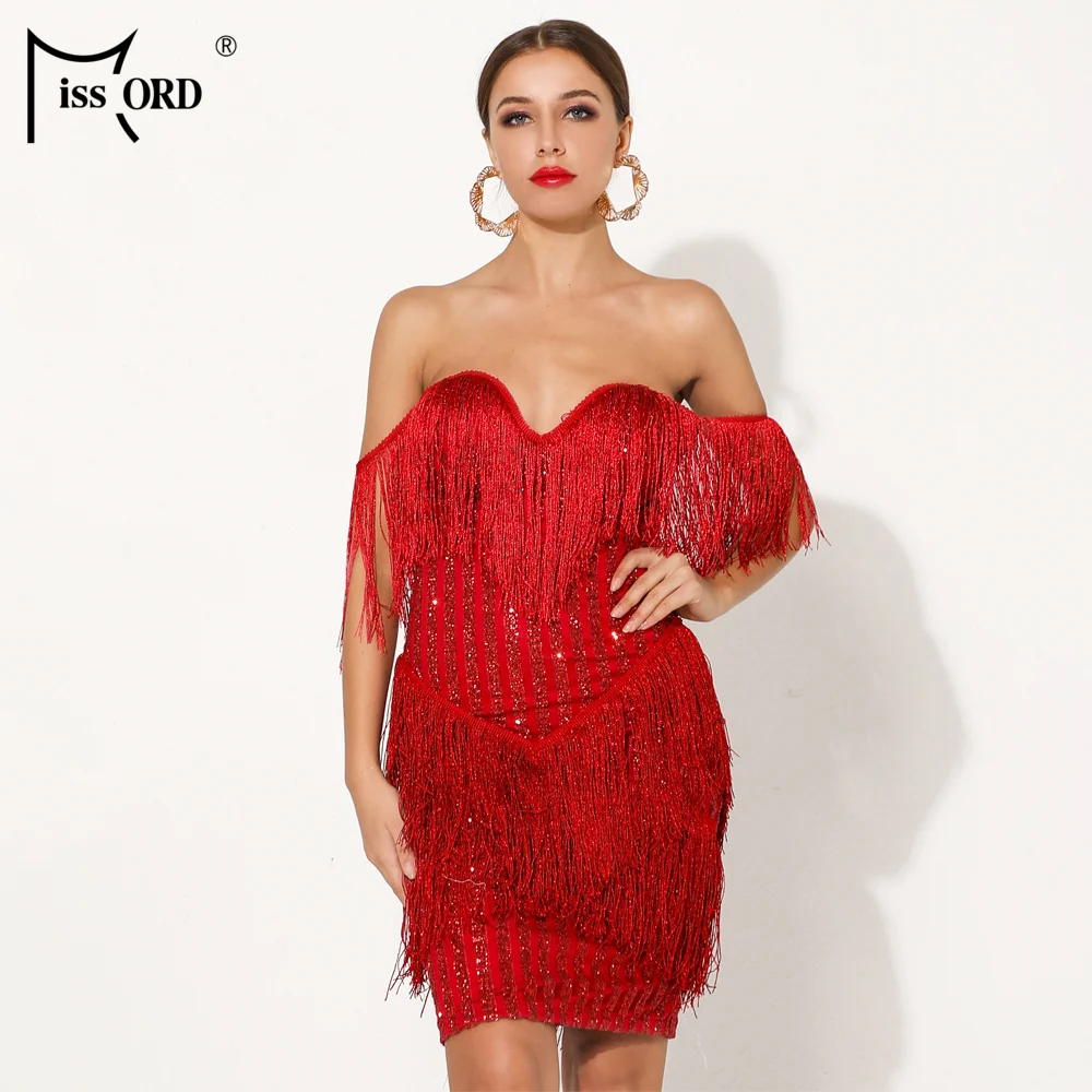 

Missord 2019 Women Summer Sexy Bra Striped Glitter Dress Female Off Shoulder Dress Elegant Mini Tassel Dress FT19030-2