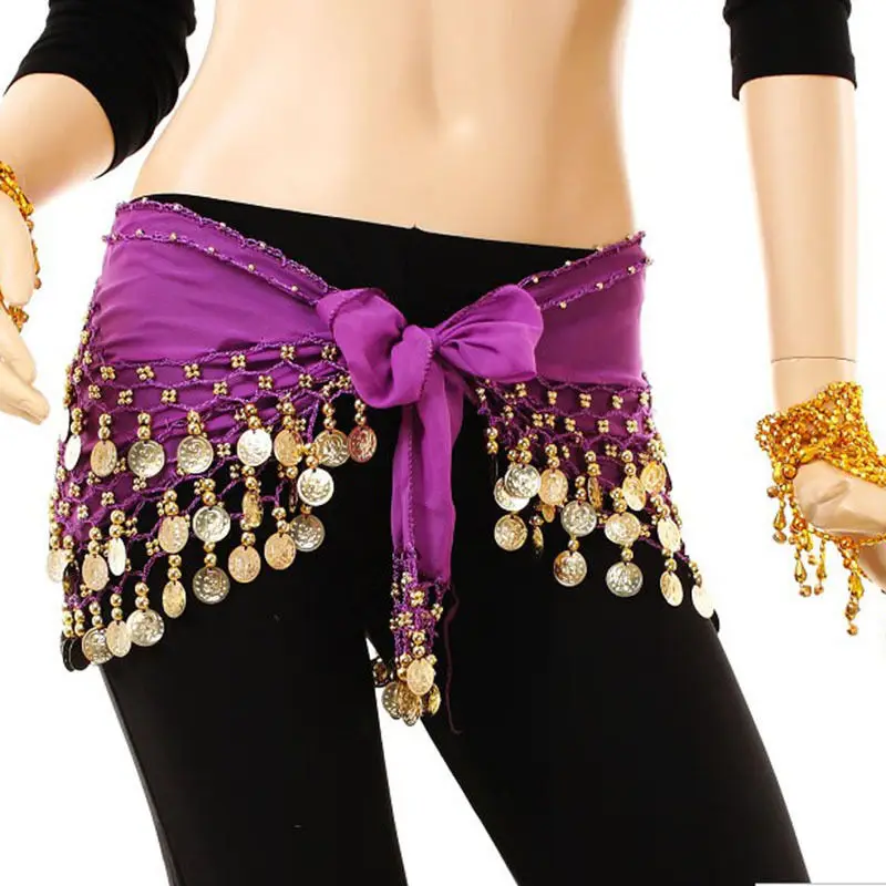 Блестящий 3 ряда Золотая монета танец живота костюм хип шарфы юбка пояс накидка для танца - Цвет: Purple