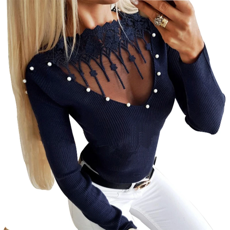 

Solid 2019 Spring Winter Sexy Women Shirts Blouse Corchet Mesh Tops Hollow Out Tops V-Neck Sexy Knitted Blusas Shirts Fit M0344