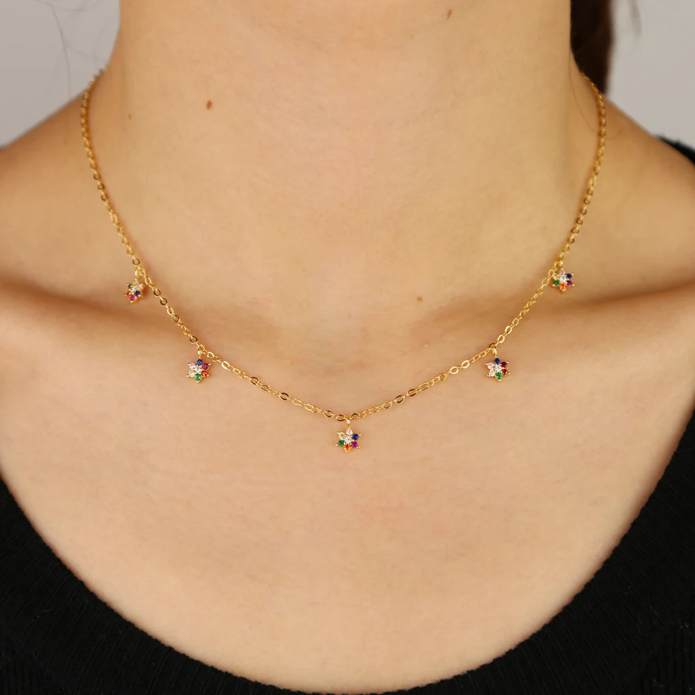 

fashion rainbow cz paved minimal flower statement necklace gold tiny link chain for women wedding delicate gorgeous necklace