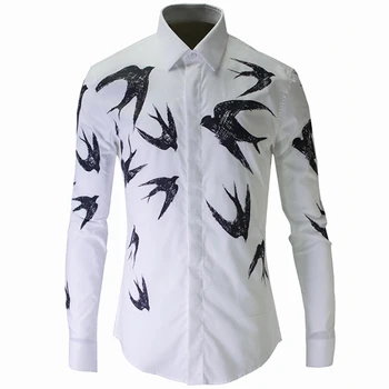 

Luxury Men Shirt Chemise Homme Unique Swallows Design Mens Slim Long Sleeve Cotton Dress Shirts Brand Camisas Hombre Masculino