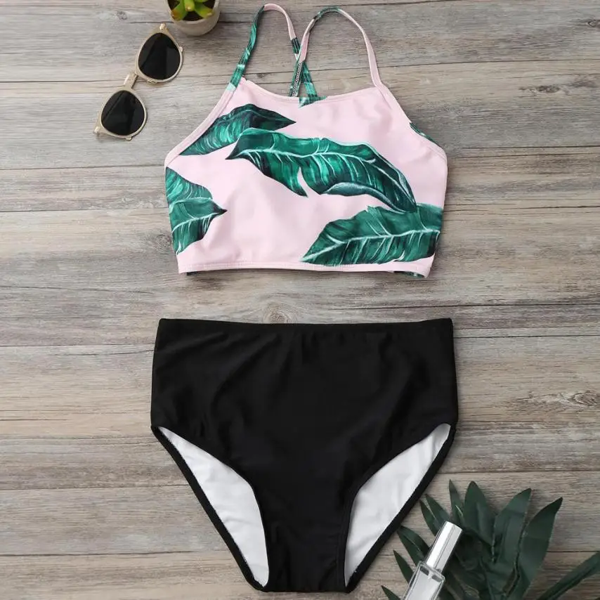

Womail Tropical Leaf Print Swimwear Women high waist Bikini Set 2018 Retro Hang Neck Swimsuit Push Up Bathing Swiming Suit #NK54