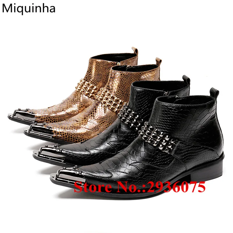 

New Metal Cap-Toe Embossed Python Leather Mixed Color Men Ankle Boots Spikes Studded Chain Side Zip Stacked Heels Botas Hombre