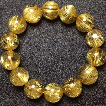 

15mm Brazil Natural Gold Rutilated Titanium Quartz Bracelet For Woman Man Round Wealthy Crystal Beads Fashion Charms AAAAA