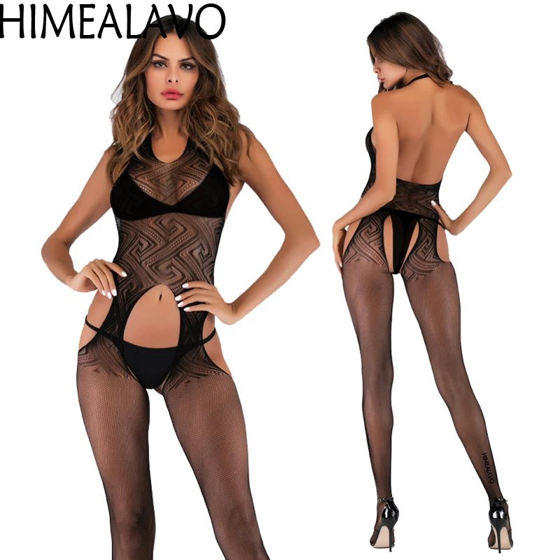

Body Stocking Exotic Apparel Lingerie Teddy & Bodysuits Sexy Open Net Hanging Neck Sexy Jacquard One-piece Mesh