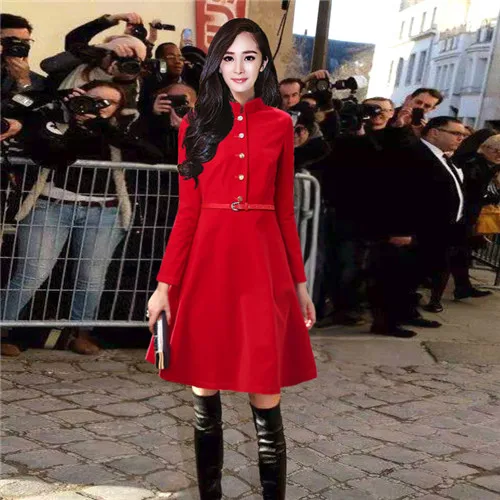 

all red dress long sleeve 2018 autumn winter elegant stand collar velveteen dress knee length high quality famous star buttons