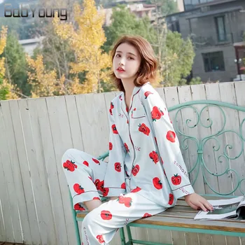 

BabYoung Summer Pyjamas Satin Silk Women Pajamas Sets Pijamas Mujer Tomato Pattern Femme Long Sleeve Sleepwear Female Homewear