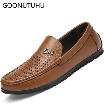 

2019 fashion men's shoes casual genuine leather loafers summer breathable slip on shoe man big size 35-47 driving shoes for male
