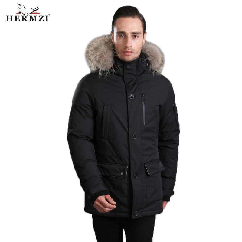 

HERMZI 2019 Down Jacket Men Winter Parka Hombre Winter Down Coat Thick Mens Parkas Black 80% Duck Down Raccoon Fur Free Shipping