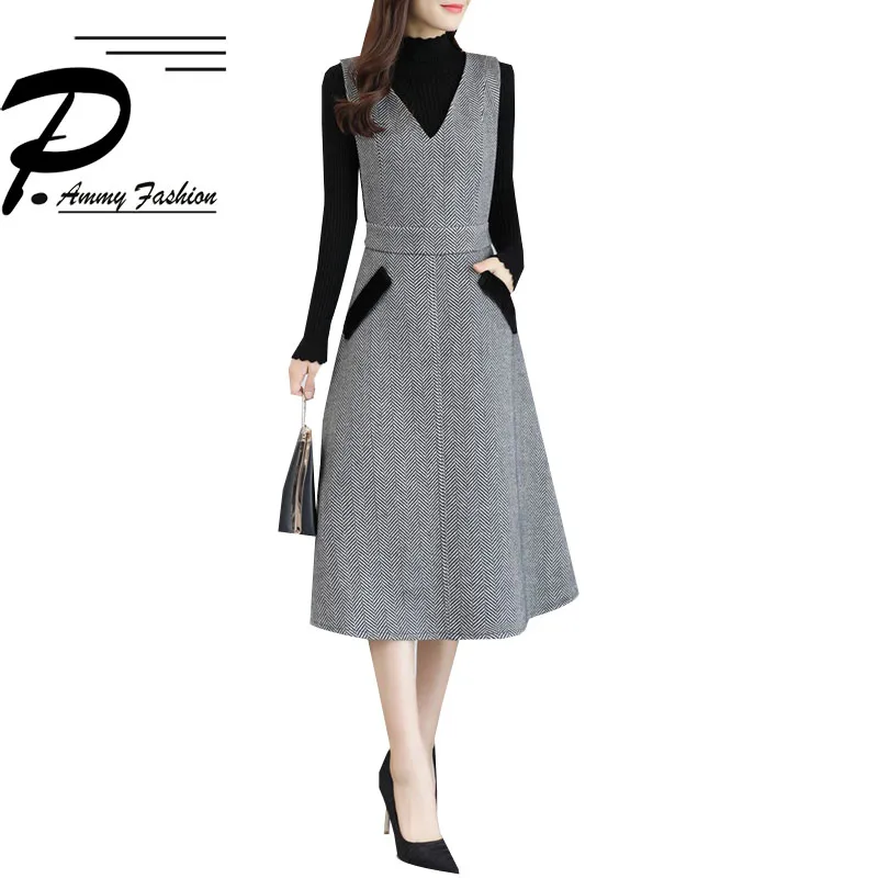 Economici 2018 delle Donne di Inverno di Autunno di Migliaia di uccelli plaid della maglia coperta di Modo del Vestito maglione A Collo Alto vestito a due pezzi del Vestito