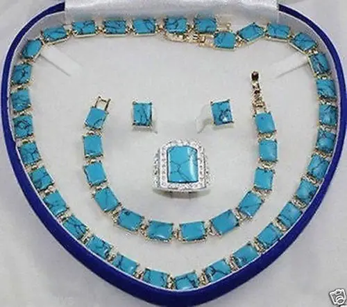 

bridal Woman's AAA Turquoise necklace bracelet ring earring set^^^18K GP style Fine jewe Noble Natural jade