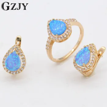 

GZJY Fashion Jewelry Set Blue Fire Opal Charm Gold Color Zircon Earrings&Ring Sets For Women Wedding Jewelry