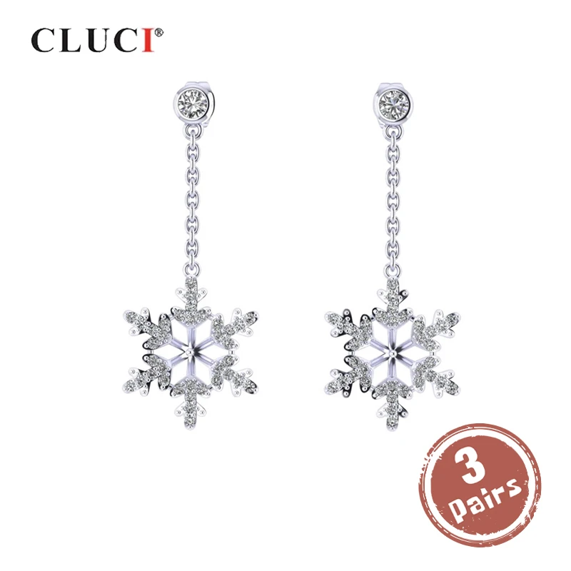 

CLUCI 3 pair wholesale Silver 925 Snowflake Drop Earrings for Women 925 Sterling Silver Pearl Mounting Earrings Jewelry SE105SB