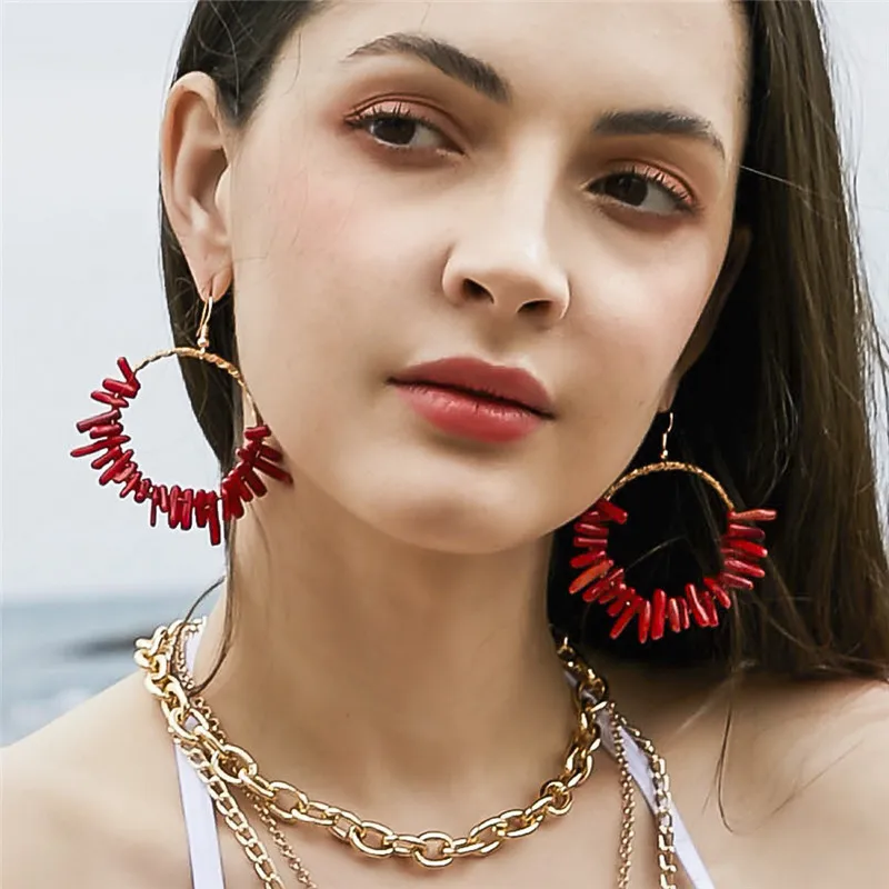 

wing yuk tak Geometric Natural Red Coral Earrings For Women Fashion Vintage Copper Wire Handwork Weave Boho Earrings