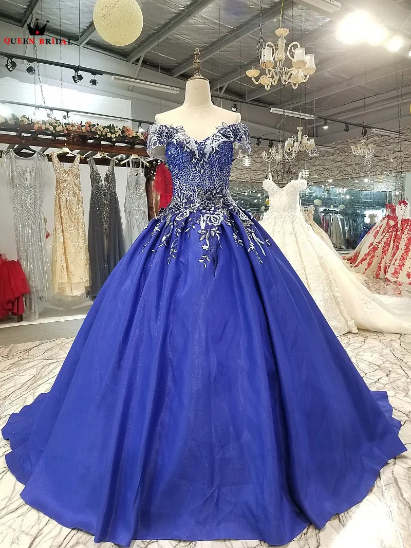Синий роскошный пушистый Цветы Аппликации Роскошные Длинные вечерние платья 100% Настоящее вечернее платье 2018 vestido de festa KC601