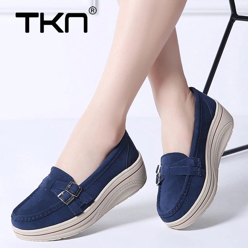 

Women Spring Platform Flats Shoes Slip on Sneakers Leather Suede Casual Flats Heels Shoes Creepers Moccasins Tenis Feminino 3039