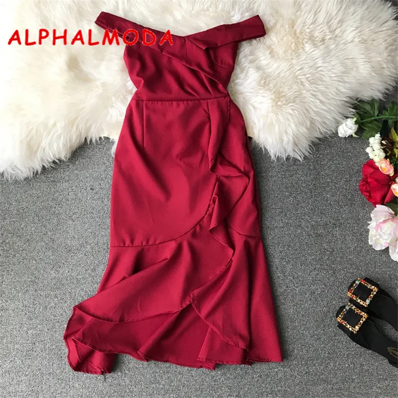

ALPHALMODA 2019 Summer Women's Slash Neck Ruffled Vestidos Solid Color Split Ruffled Ladies Sexy Ruffled Dress
