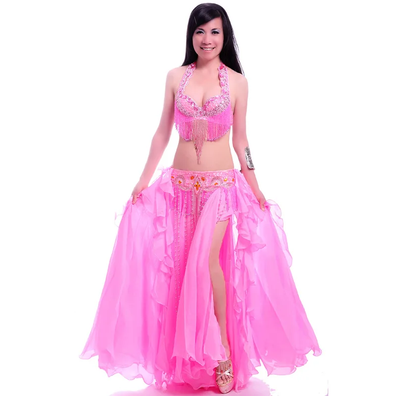 Женский костюм для танца живота, профессиональная одежда для танца живота, бюстгальтер, пояс, юбка, набор, восточные бусы, костюмы, Одежда для танцев - Цвет: Розовый
