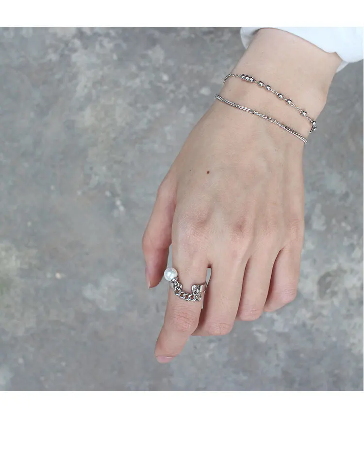 925 пробы серебряные Открытые Кольца цепочка с жемчугом модные серебряные ювелирные изделия для женщин регулируемое кольцо
