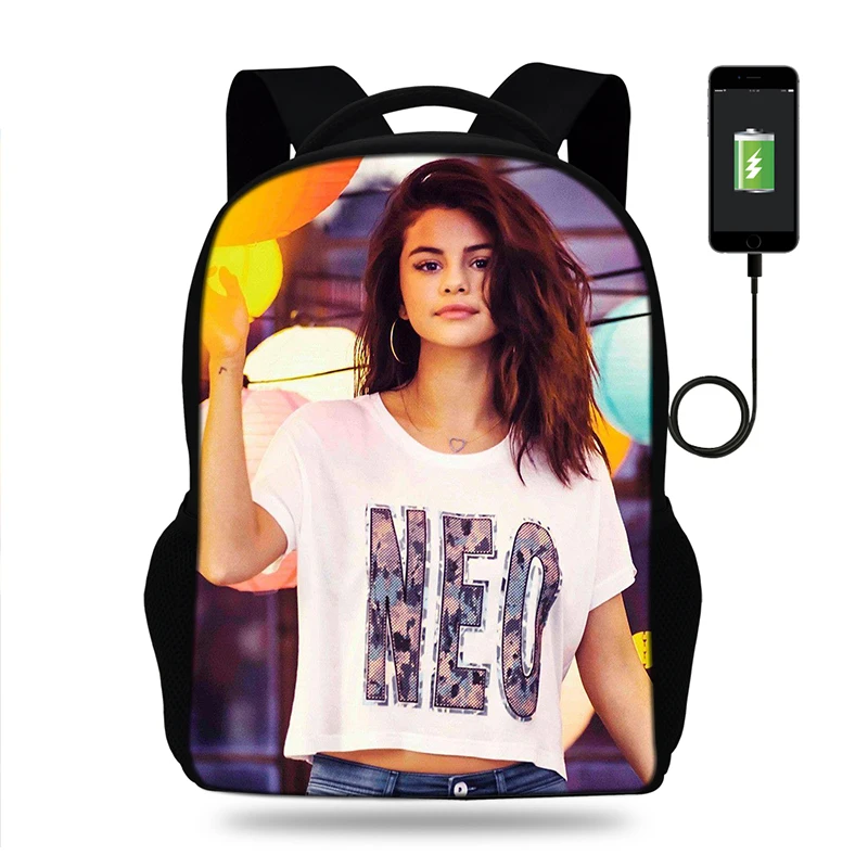 Kawaii 3D Selena Gomez Печать Рюкзак Милый популярный детский рюкзак подростковый USB