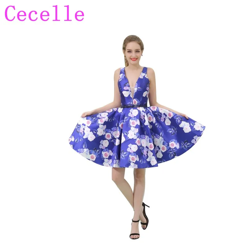 Buy New Short Floral Print V Neck Colorful Cocktail