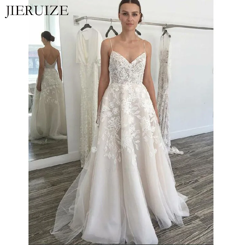 

JIERUIZE White Lace Appliques Simple Wedding Dresses v-neck spaghetti straps Bride Dresses Wedding Gowns