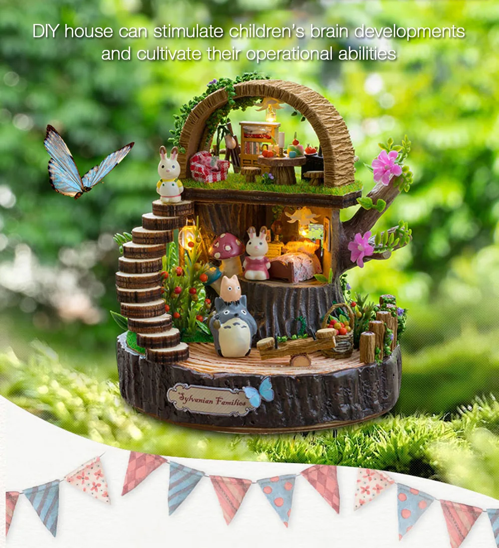 Поделки кукольный домик деревянный Миниатюрный Кукольный дом 3D гибкая модель здания Наборы Фэнтези лес музыка движения игрушки для