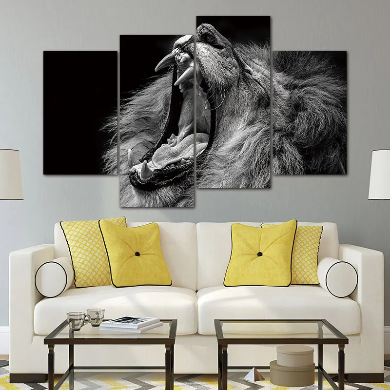 4 панели без рамы холст фото принты ревущий Лев настенные украшения для гостиной домашнего офиса художественные картины жикле
