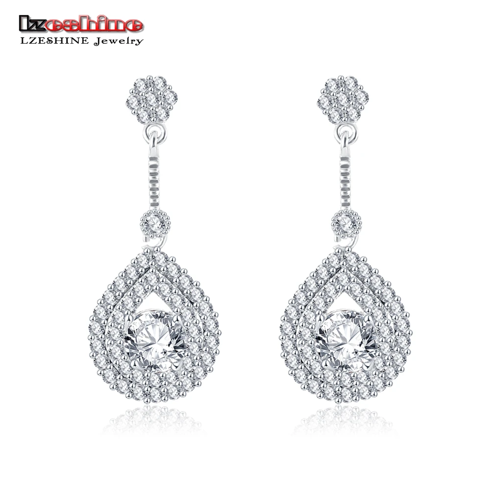 LZESHINE Dazzling Drop Earrings For Women White Silver Color Waterdrop