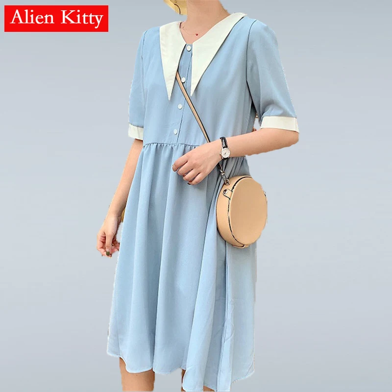 

Alien Kitty Sweet Loose Hit-Colors 2019 Summer Casual Short Sleeves Peter Pan Collar A-Line All-Match Chiffon Dress 2 Colors