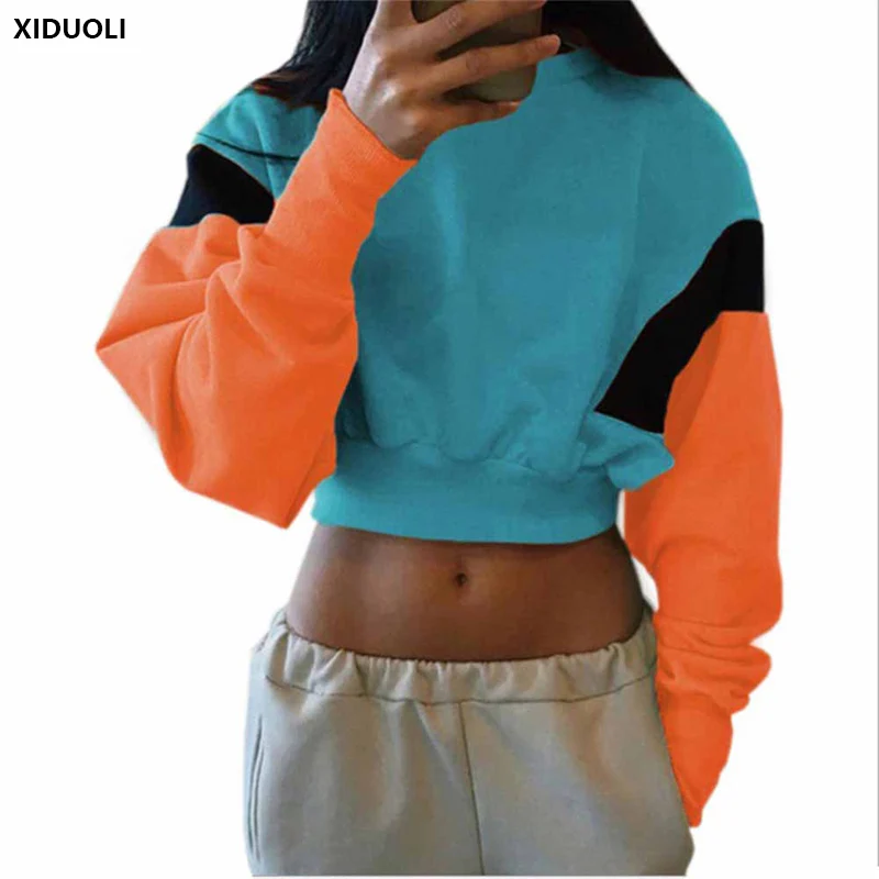 XIDUOLI 2018 New Women Spring Autumn Cute Pinkycolor Orange Hoodies Long Sleeve Loose Crop Top Sweatshirt Casual Patchwork Cloth | Женская