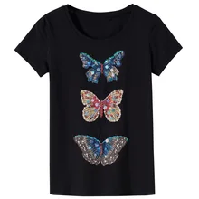 Модная летняя женская футболка с бабочкой и алмазными бусинами, женские топы, женская футболка, новая женская футболка в стиле Харадзюку